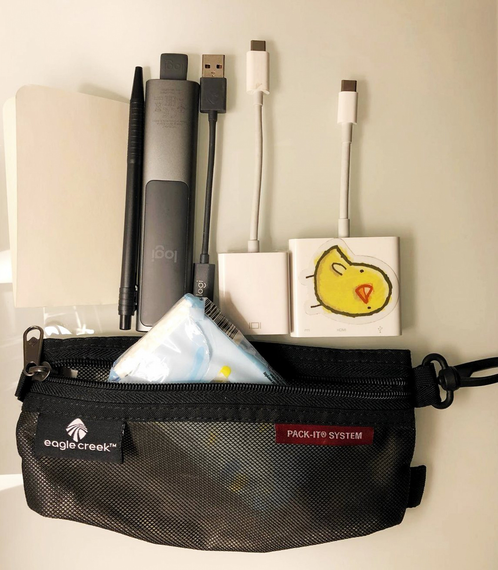 A travel kit including items mentioned in the post.
